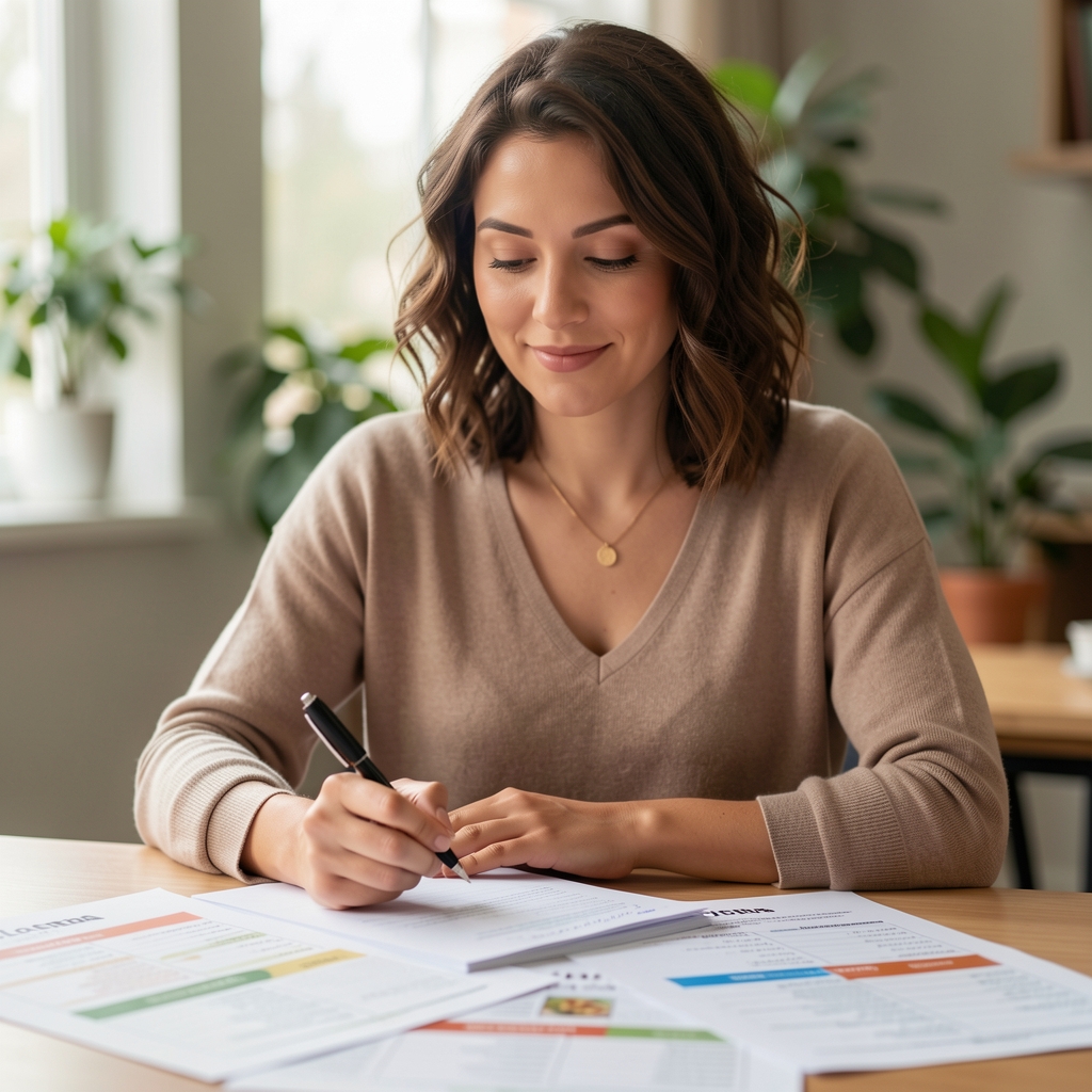 Portrait of the Pertora nutritionist reviewing dietary notes in a well-lit study with printed seasonal meal plans spread across the table