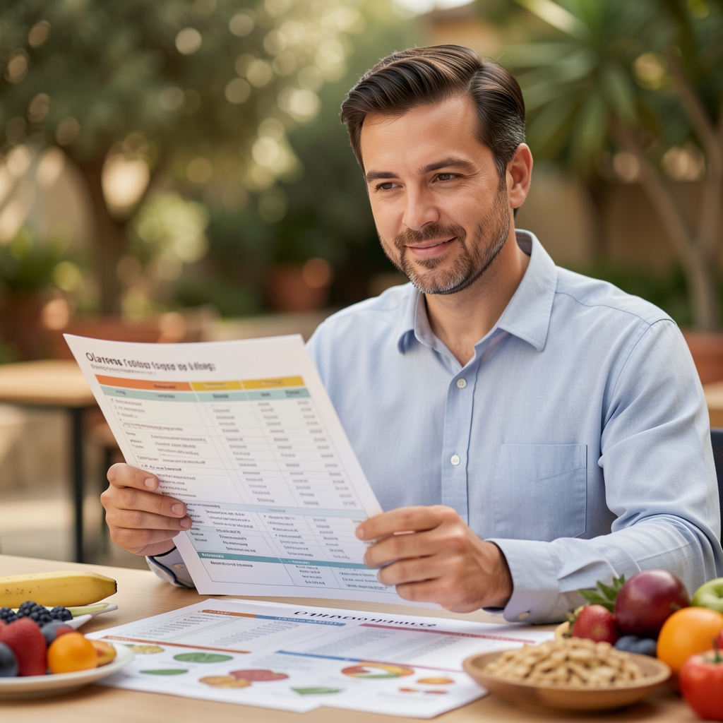 Professional portrait of a male nutritionist reviewing a printed dietary programme at a desk covered in food composition charts and seasonal produce samples in the Pertora studio