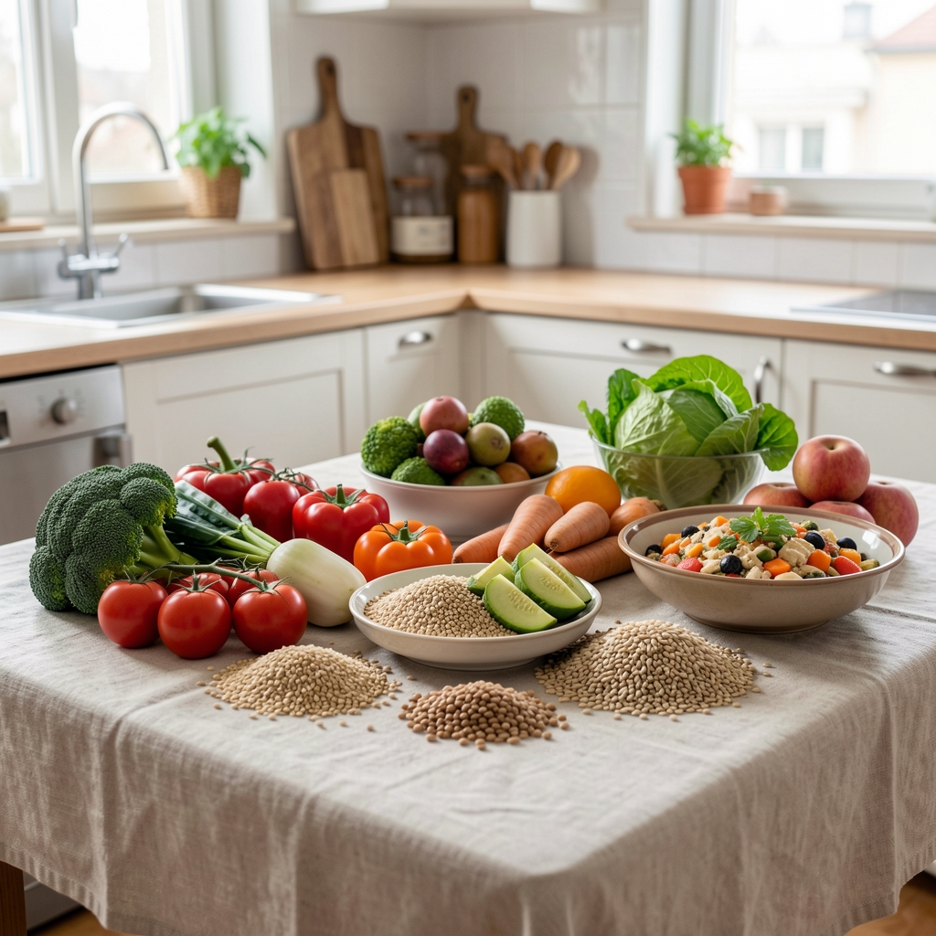 Close-up of a seasonal vegetable and grain spread on a linen-covered wooden table in a bright Bucharest kitchen, arranged for a food intake documentation session