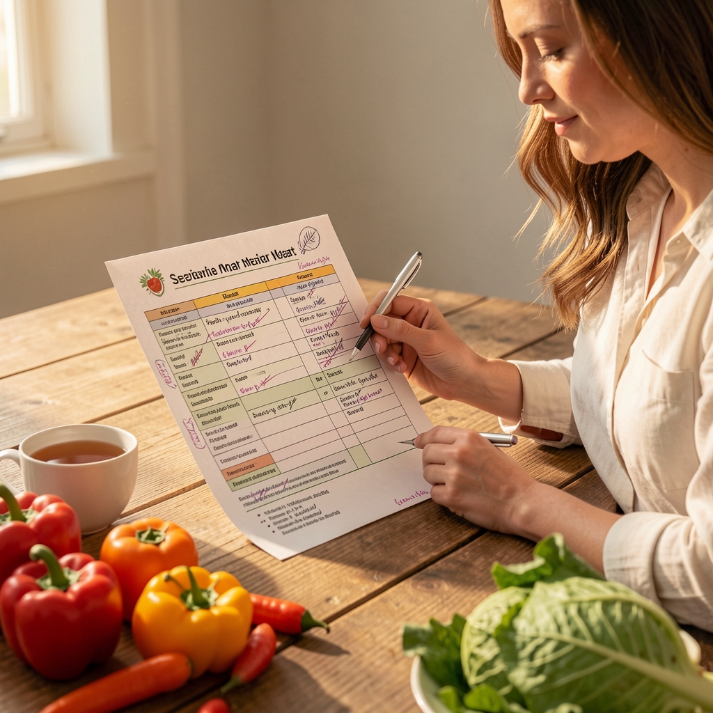 Nutritionist reviewing a printed seasonal meal plan at a wooden desk with annotated revision marks visible, a cup of tea and fresh seasonal produce arranged in the foreground under warm studio lighting