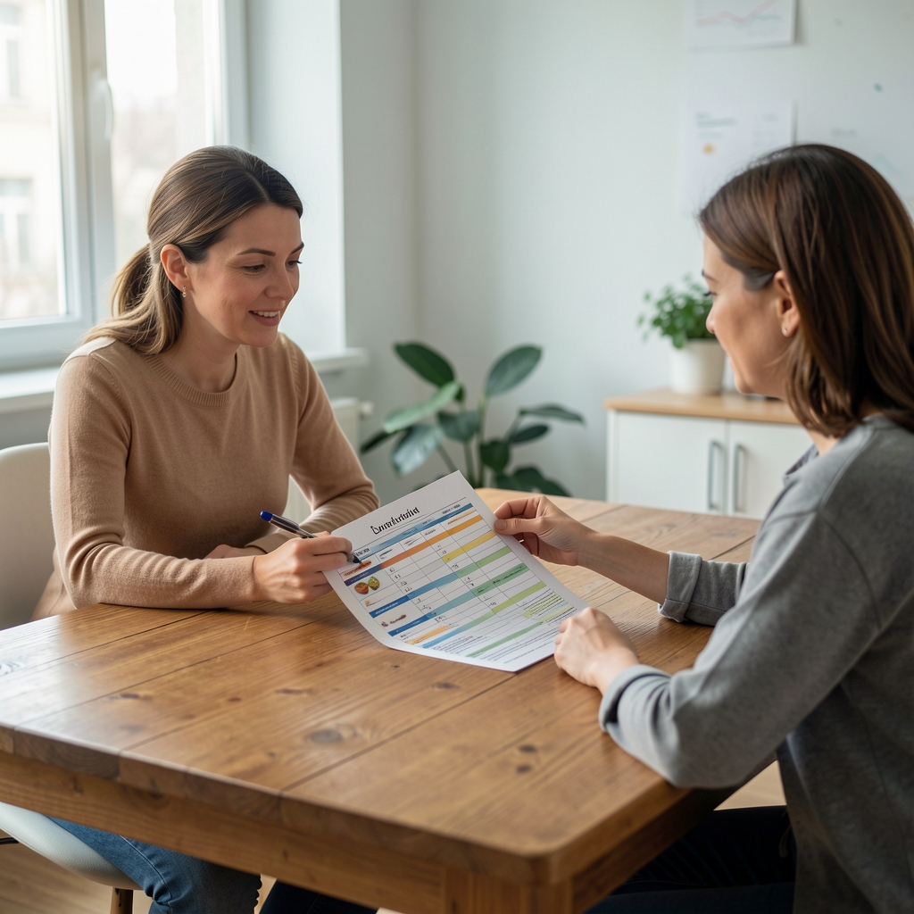 One-on-one nutritional consultation session in a Bucharest studio with a nutritionist reviewing a printed food diary with a client across a wooden table