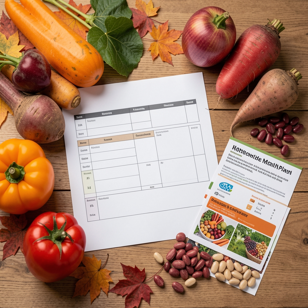 Seasonal meal plan document laid flat on a table with colourful autumn vegetables, root vegetables, and legumes arranged alongside printed dietary reference cards