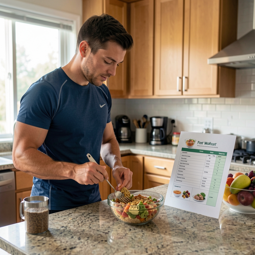 Sports-active person preparing a post-workout meal in a home kitchen with a food intake plan document propped against a fruit bowl on the counter