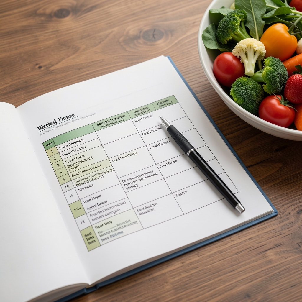 Printed seasonal dietary plan document open to a weekly food schedule with annotated food groups, a pen resting on the page, and a bowl of fresh seasonal vegetables nearby